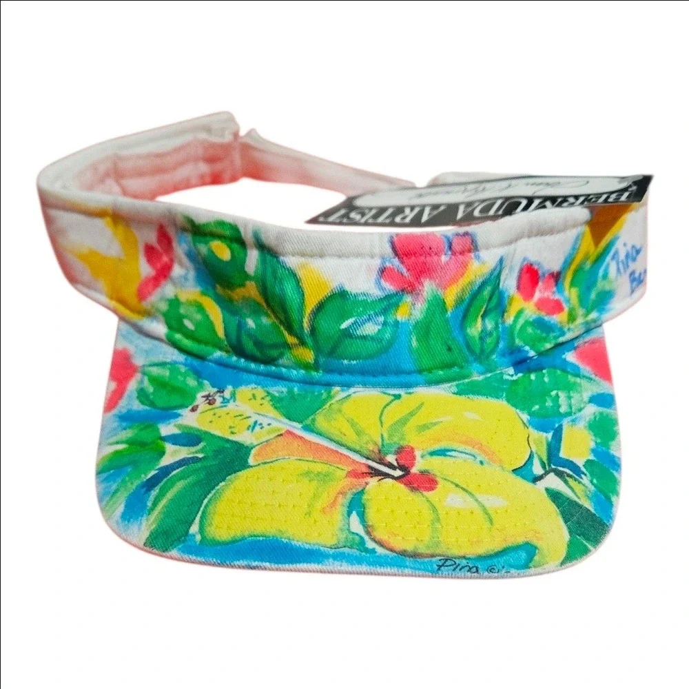 Bermuda Artist Joan K Aspinall Floral Sun Visor Hand Painted Hibiscus Cotton New